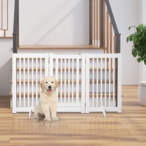 PawHut Absperrgitter Hund Freistehendes Verstellbares Schutzgitter mit Füßen 155 x 76 cm Holz Hundegitter Klappbar Treppenschutzgitter für Treppen, Türen, Küche, Flur, 3 Paneelen, Weiß