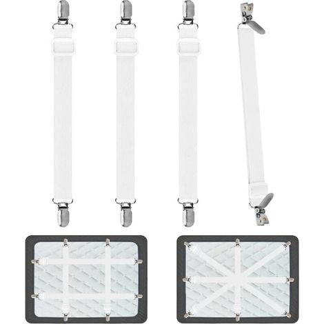 ZVD-Tendeur Drap Housse pour Linge de Lit 4 Pièces, Réglable Sangles Draps Élastique Sangle de Maintien Ajustable pour Lit ou Canapé d'angle, Matelas, Fauteuil Sièges Coussin (Blanc) (1/4)