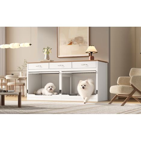 Doppel-Hundebox 164x60x81 cm aus MDF und Metall, weiß, mit Stauraum, fürs Wohnzimmer