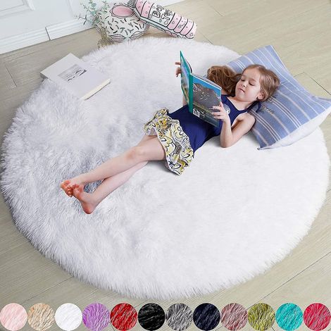Tapis rond rose poudré, idéal pour la chambre à coucher, tapis rond moelleux 120 x 120 cm, idéal pour les enfants, blanc. (1/5)