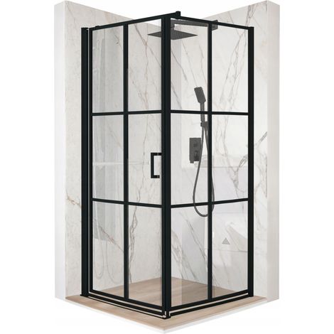 Mampara de ducha - 80 x 80 x 195 cm - Cristal templado negro de 6 mm - Puertas abatibles - Acabado mate (1/5)