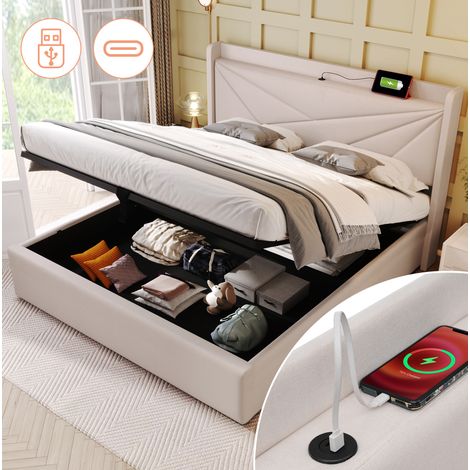 Polsterbett 180/200 cm beige aus Baumwolle und Leinen mit Bettkasten und USB-C-Ladefunktion (1/5)