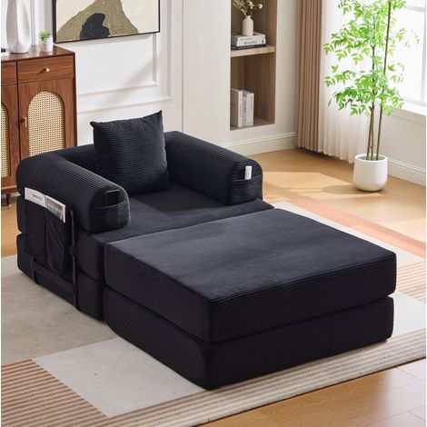 Canapé modulare in velluto a coste nero 112x190x67 cm con pouf, cuscino e tasca laterale (1/5)