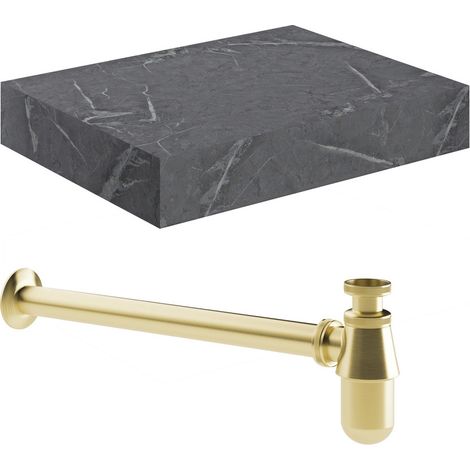 Signature Grove Wall Hung Basin Shelf Brushed Brass Bottle Trap 600mm Wide - Grey Marble (1/2)