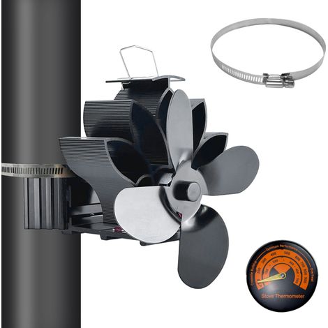 Ventilador difusor de calor no eléctrico con forma de flor de loto, con 4 aspas silenciosas y termómetro magnético incorporado, para estufas de leña/chimeneas de leña.