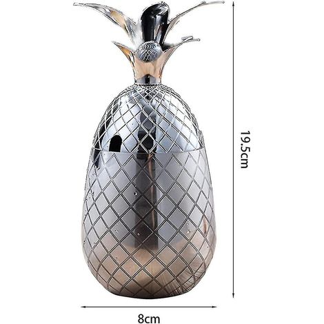Seau à glace ananas avec couvercle en acier inoxydable, accessoire cocktail pour fêtes et festivals de bière, 20x8 cm, argent, 1 pièce (1/3)