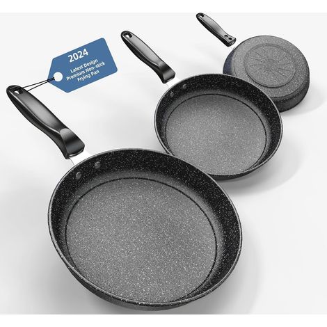 Set of 3 Frying Pans 10.2/11/30 cm, Ceramic Non-Stick Coating PFAS Free with Real Stone Particles, Dishwasher Safe (1/5)