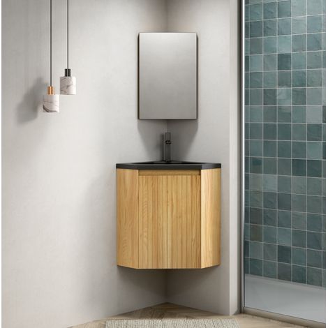 Meuble de salle de bain avec vasque d'angle 54,5 x 38,5 x 52,4 cm, noir et bois naturel HAVRYA (1/5)
