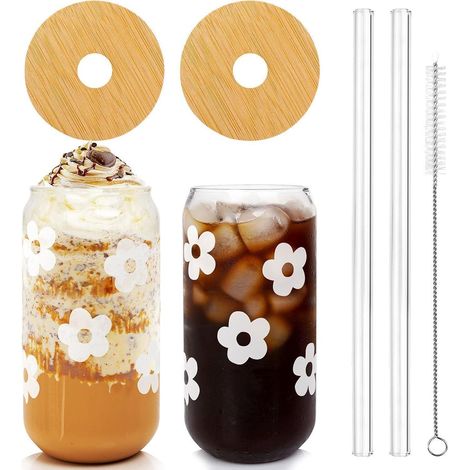Glasbecher mit Deckel und Strohhalm, 2er Set, 450ml, Blumenmuster (1/5)