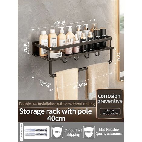Étagère murale en aluminium (noir, 40 cm) pour salle de bain, rangement pour shampoing, organisateur de cuisine. (1/5)