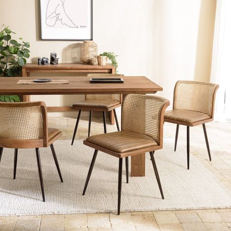 MARCEL - Lot de 2 chaises assise cuir dossier bois de manguier / rotin (1/5)