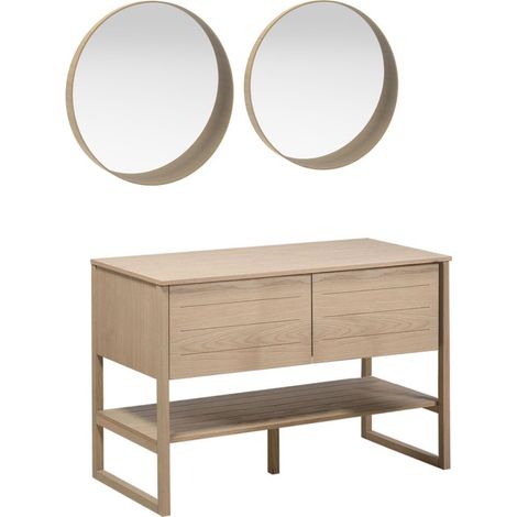 Meuble de Salle De Bain Chêne 120 cm ATOLL + 2 Miroirs Ronds en Bois VALI D60 cm (1/5)