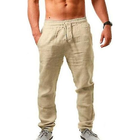 Pantalon homme décontracté lin coton sarouel yoga plage taille L kaki (1/4)