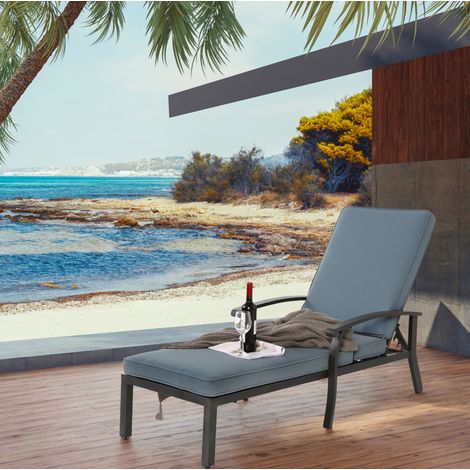 Chaise longue de jardin réglable 5 positions 204 x 68 x 100 cm aluminium brun coussin bleu (1/5)