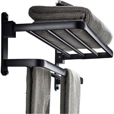 Étagère - Barre Porte-serviettes Pliable - 60 Cm - Acier Inoxydable Noir - Salle De Bain Cuisine Hôtel - 1 Pièce (1/4)