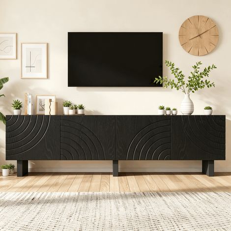 Meuble TV noir 180x40x55 cm pour TV 75 pouces lowboard moderne en panneaux 4 portes relief structuré rangement salon chic design