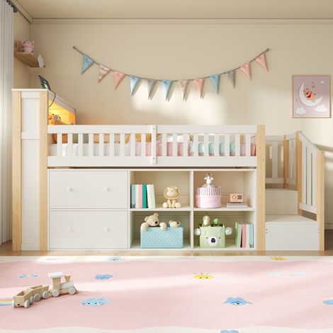 Lit mezzanine 90x200 cm – avec escalier rangement étagères LED et USB – Pin massif et MDF – Naturel (1/5)