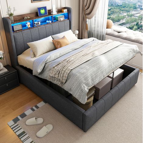 Polsterbett 140x200 mit Stauraum, LED und USB Grau OKMYHOME (1/5)