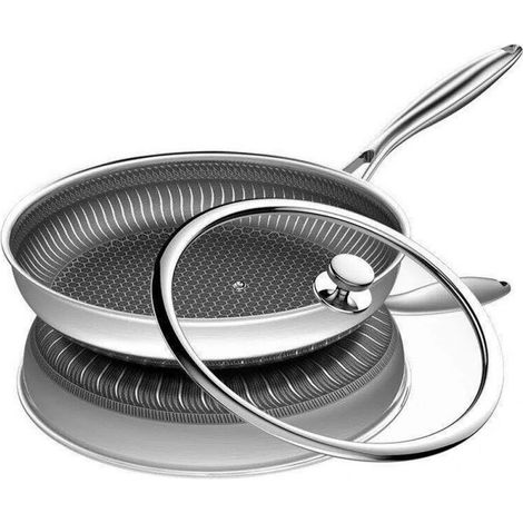 Poêle antiadhésive en acier inoxydable 316 à revêtement alvéolé, 30 cm, avec couvercle. Compatible avec les plaques à induction. (1/5)