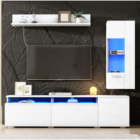 Parete attrezzata TV 180x40x45 cm bianca in MDF e acrilico con LED, vetrina e mensola (1/5)