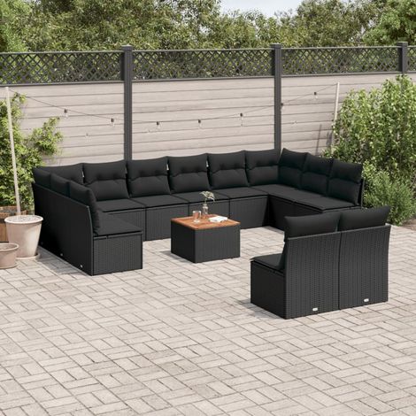 Lot d'extérieur design 13 pièces noir résine tressée, inclut 10 fauteuils + 2 d'angle + 1 table acacia (1/5)