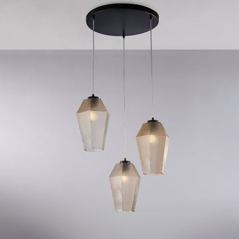 Suspension Prisma Fer Noir, Câbles Réglables, Verre Soufflé Ambré Décor En Relief, 3 Lumières D.47 Cm, Style Chaleureux