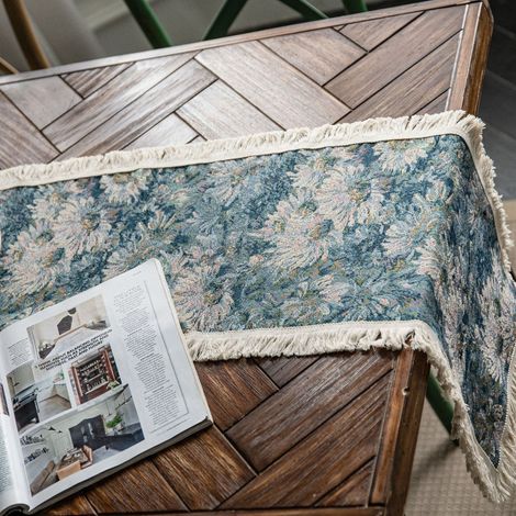 Chemin de table en jute à motif tournesol jacquard, style américain, avec pompons, pour décoration de table de fête, chrysanthème bleu, 30 x 120 cm / 11,8 x 47,2 pouces (1/5)