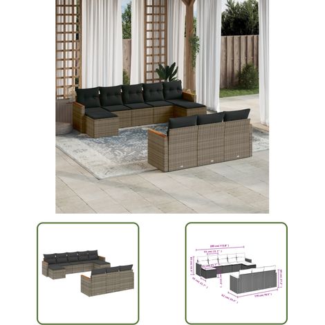 The Living Store Salon de jardin avec coussins 10 pcs gris résine tressée - Salon De Jardin - Meuble De Jardin - Canapé Extérieur - Ensemble Salon - Rattan Imitation (1/3)