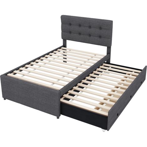 Cama tapizada 90x200 cm con cama nido, 3 cajones, cabecero ajustable, gris, sin colchón (1/5)