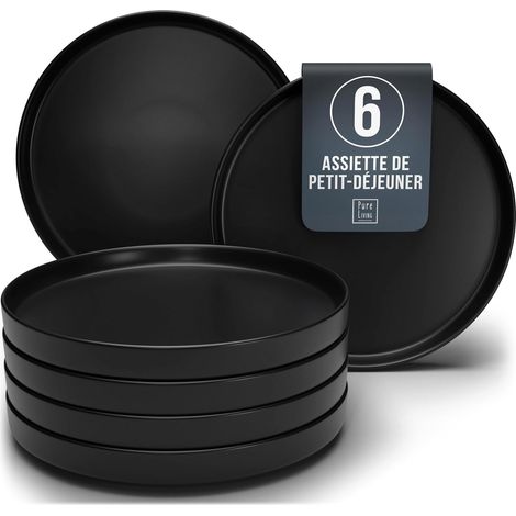 Lot de 6 assiettes en grès noir mat - Design urbain moderne - Résistant lave-vaisselle et micro-ondes - Pour repas quotidiens et réceptions - Diamètre standard (1/5)