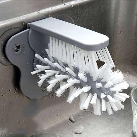 Cepillo limpiador de tazas y botellas - Accesorio de cocina 2 en 1 - Cepillo con ventosa para vasos y botellas - 1 unidad