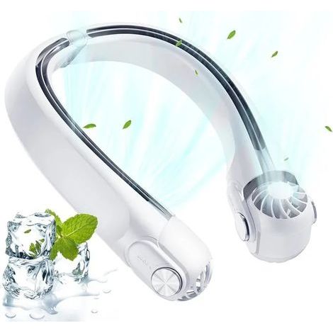Ventilador de cuello portátil de 360°, mini ventilador sin aspas con batería de 2400 mAh y 3 velocidades, color blanco, recargable por USB. (1/5)