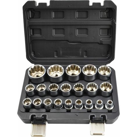 Juego de dados spline AWTOOLS 21 piezas Black Line, uso profesional en mecánica, sistema 12 caras, máxima compatibilidad, precisión y durabilidad en cada encastre. (1/3)