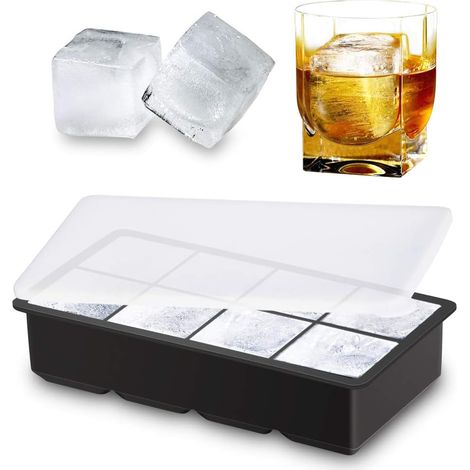 Bac à glaçons avec couvercle, pour 8 glaçons de 5 cm (2 pouces) de diamètre, idéal pour le whisky, grand bac à glaçons en silicone. (1/3)