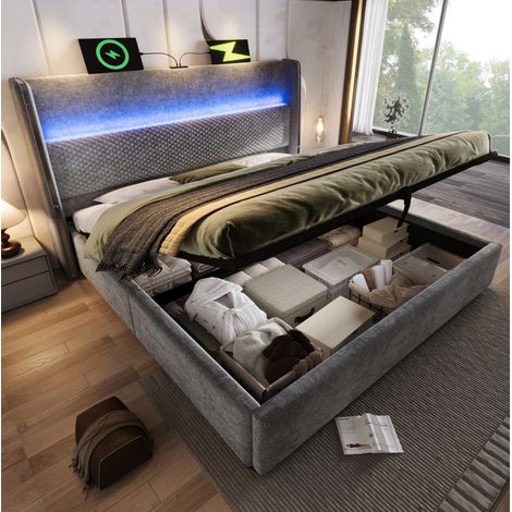 Lit coffre hydraulique 140x200 cm avec matelas, LED, USB/Type-C, gris effet lin, OKWISH (1/5)