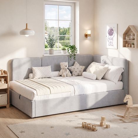 Cama diván moderna 90x200 cm de terciopelo gris, con cabecero, arcón hidráulico y somier de láminas (1/5)