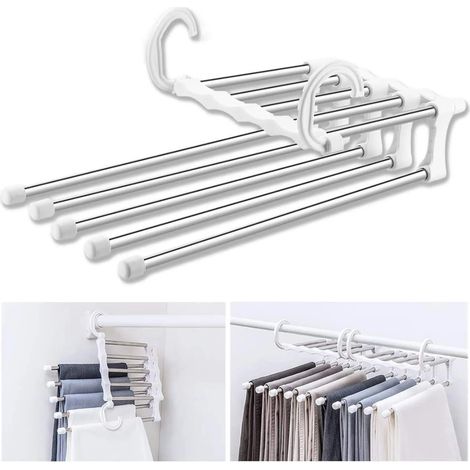 MINKUROW Grucce Per Pantaloni, Multipli Salvaspazio, Grucce Per Pantaloni In Acciaio Inossidabile 2 Pezzi, Grucce Multipli Pieghevoli Espandibili, Bianco (1/5)