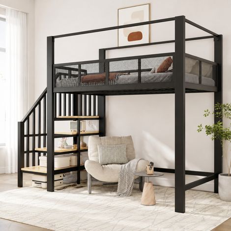 Metall-Hochbett 90 x 200 cm mit Baldachin, Sicherheitstreppe und Stauraum, schwarz HAVRYA (1/5)