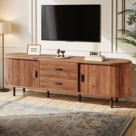 Meuble tv 160x40x55 cm pour salon - meuble bas de télévision avec 2 portes coulissantes et tiroirs - buffet bas aux bords arrondis - noyer et noir (1/5)