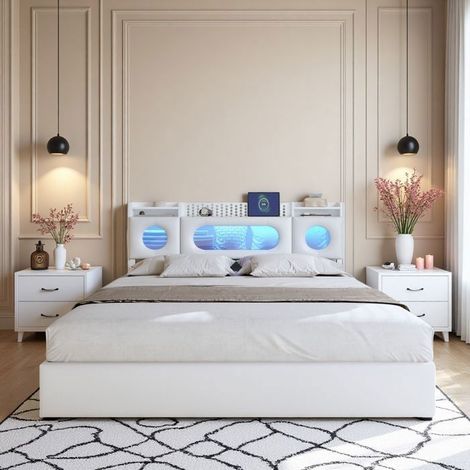 Cama doble 140x200 cm - Cofre hidráulico - LED RGB - Carga USB/Type-C - Diseño escandinavo blanco