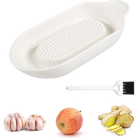 Râpe en porcelaine, assiette en céramique, râpe à ail avec brosse de nettoyage, pour gingembre, ail, épices, carottes, aliments pour bébés (blanc) (1/5)