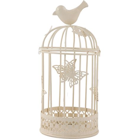 Bougeoir ajouré en forme de cage avec décor d'oiseau, blanc (1/5)