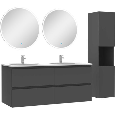 Ensemble meubles double vasque 120cm,colonne + miroir rond lumineux Anthracite