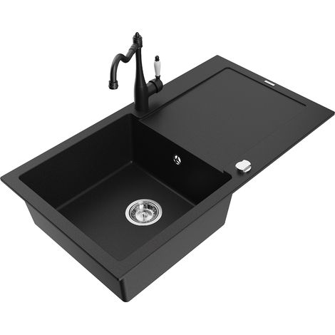 Mexen Leo 1 Becken-Granitspüle mit Abtropffläche und Mischbatterie Carla, Schwarz - 6501-77-670700-7