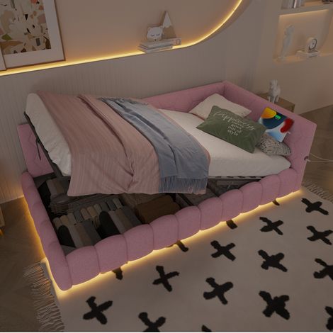 Lit coffre 90x200 avec LED et USB velours rose OKMYHOME (1/5)