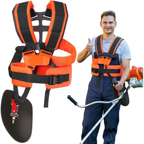 Arnés doble para desbrozadora, correa de soporte universal ajustable para recortadoras y perfiladoras, correas de hombro acolchadas de nailon para trabajos de jardinería (naranja) (1/5)