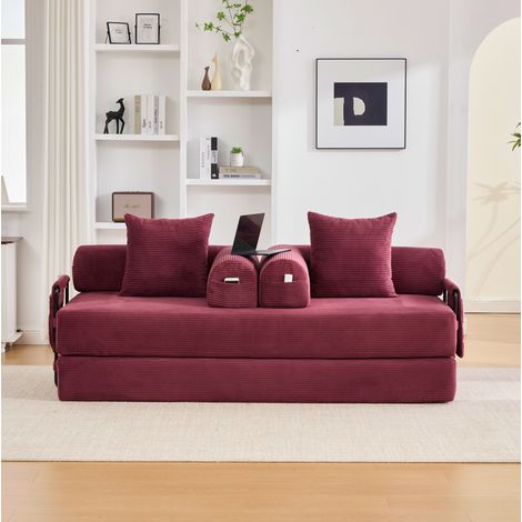 Sofá modular extensible de pana burdeos con estructura metálica y 3 cojines OKWISH (1/5)