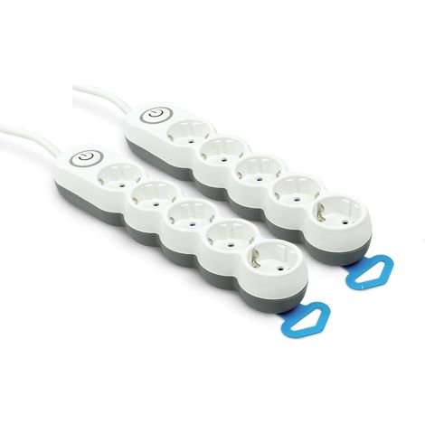 Lot de 2 multiprises 5 Prises, avec Interrupteur, Fiche Plate, Multiprise Multiple de 1,4 mètre, Protection Enfant, Blanc, Gamme Design