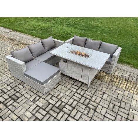 Fimous Garden Dining Sets Outdoor Rattan Furniture Gas Fire Pit Dining Table Gas Heater with Big Footstool Light Grey (1/5)