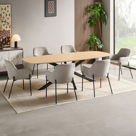 Ensemble table 200 cm effet chêne + 6 chaises velours côtelé gris